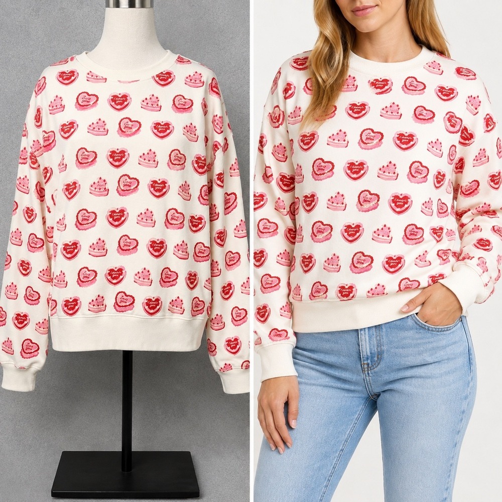 Beach Riot Devyn Long-Sleeve Cotton Heart Sweatshirt XS White Red Heart Cake